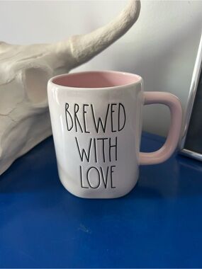 Rae Dunn Light Pink and White Brewed With Love Mug